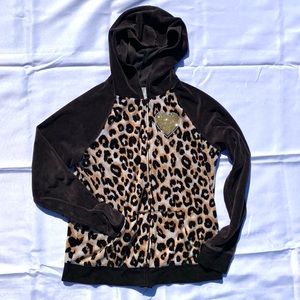 Girls Justice Leopard Print Velour Zip Hoodie Jacket Plus Size 20 Glitter Heart